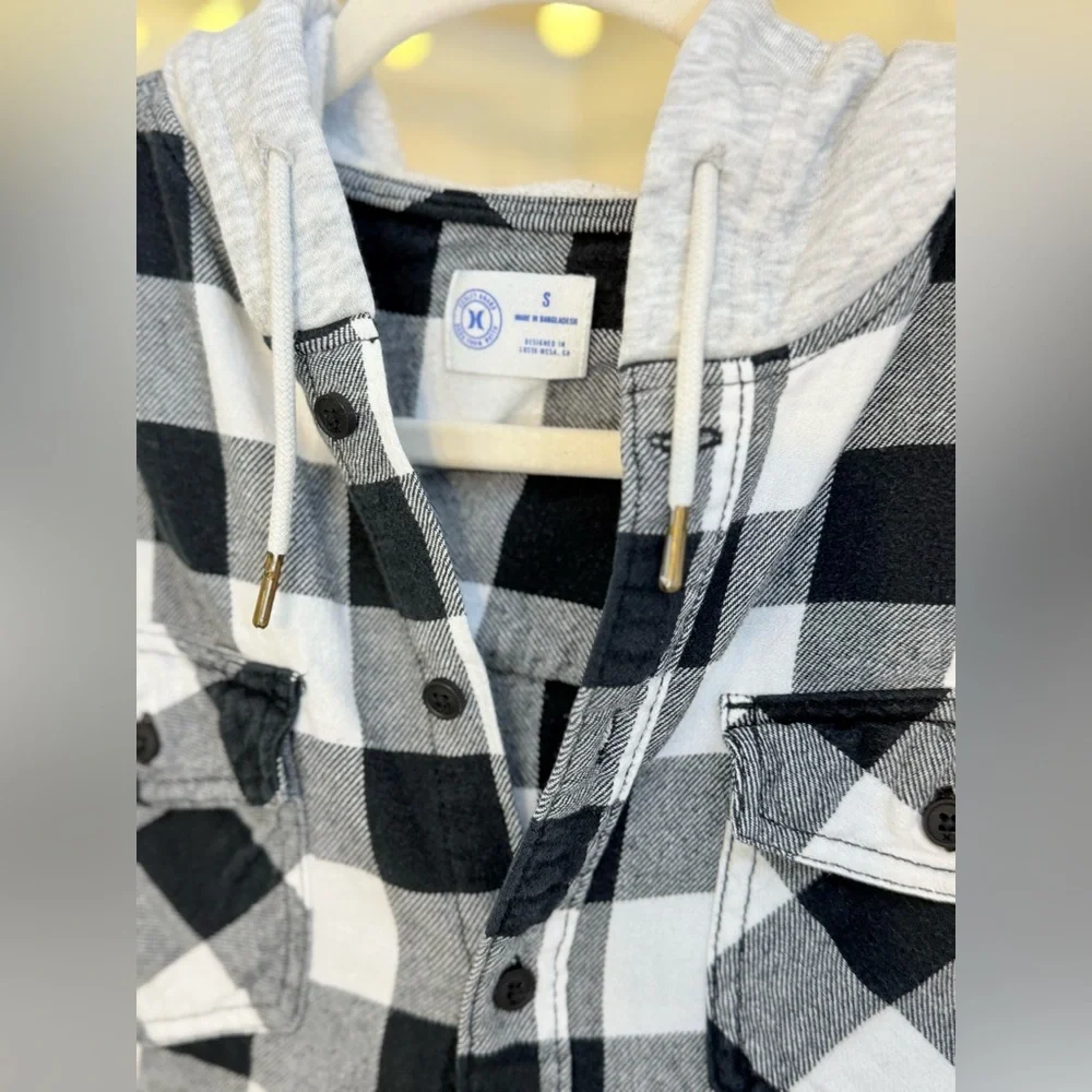 Hurley 100%‎ Cotton Black and White Plaid Button-Up Shirt with Hoodie